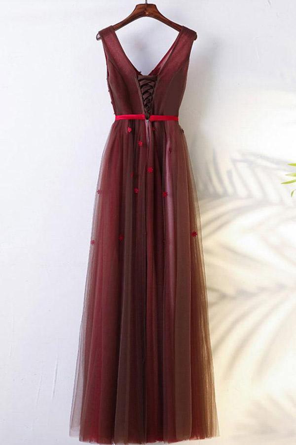 A-Line Floor-Length Belt Burgundy Prom Dress with Appliques PG702