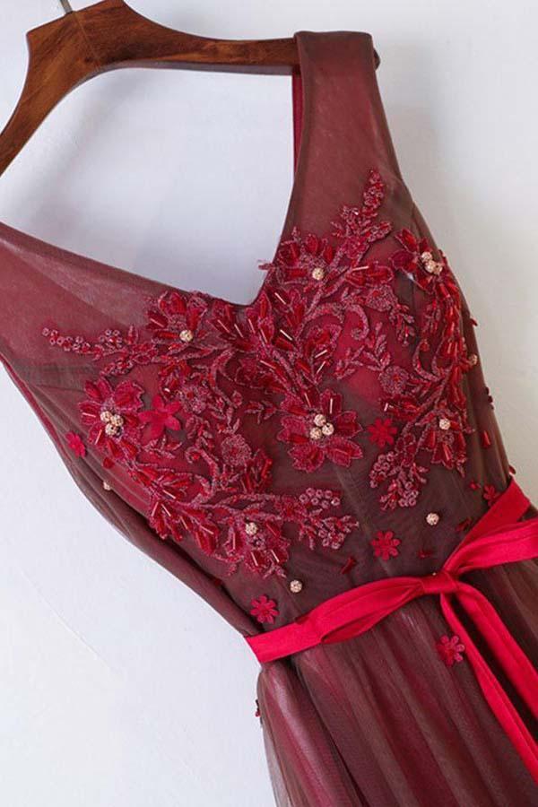 A-Line Floor-Length Belt Burgundy Prom Dress with Appliques PG702