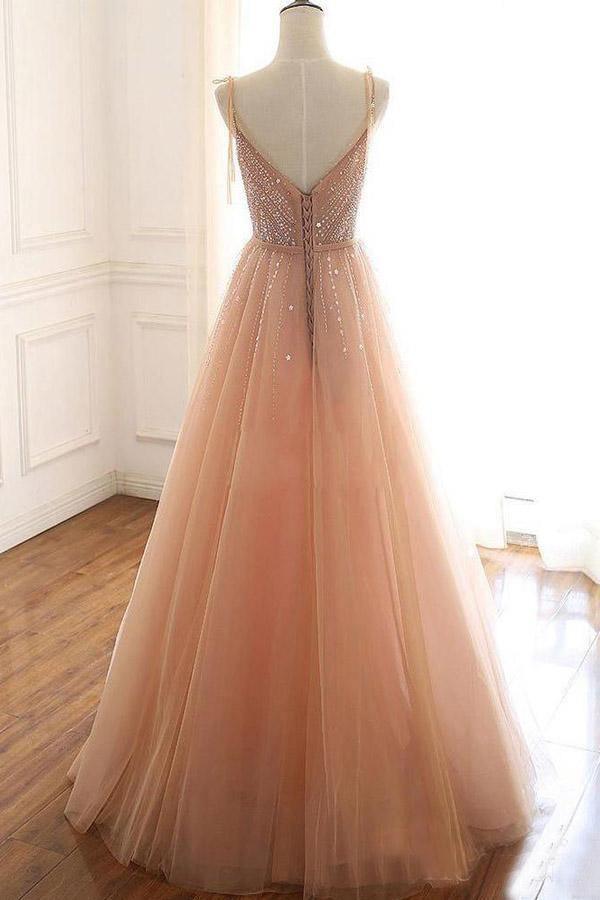 A Line Lace Up Back Straps Evening Dresses Tulle Sequins Prom Dresses PSK059