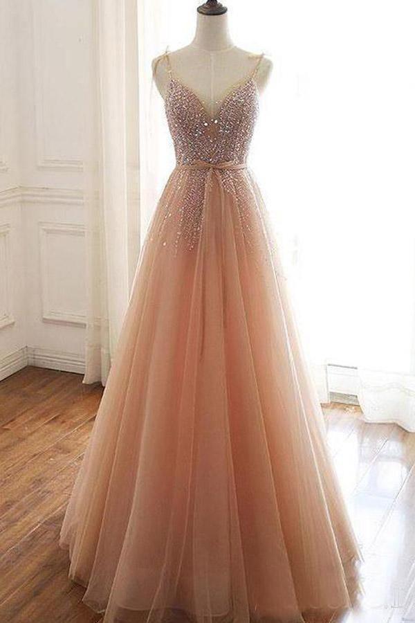 A Line Lace Up Back Straps Evening Dresses Tulle Sequins Prom Dresses PSK059