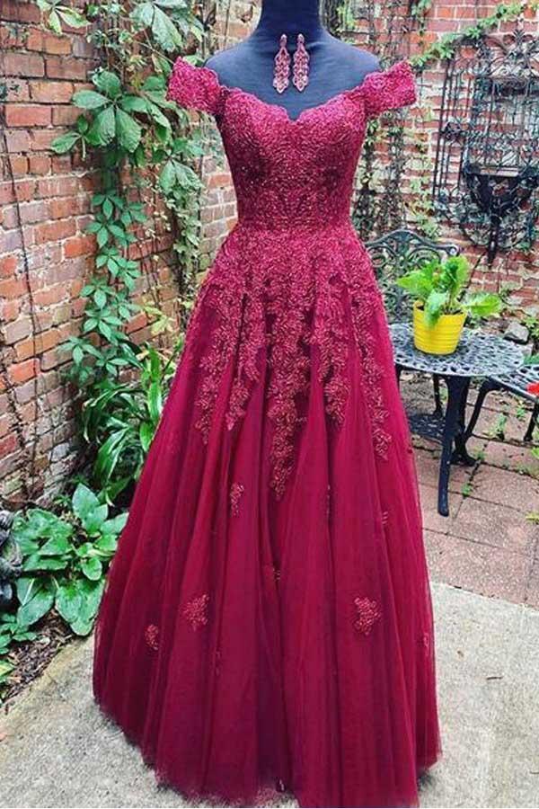 A-line Off Shoulder Lace Tulle Burgundy Prom Dress PSK015