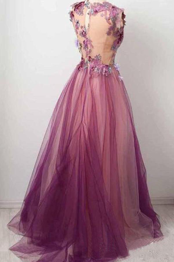 A line Scoop Neck Appliqued Tulle Flower Burgundy Prom Dress PSK007