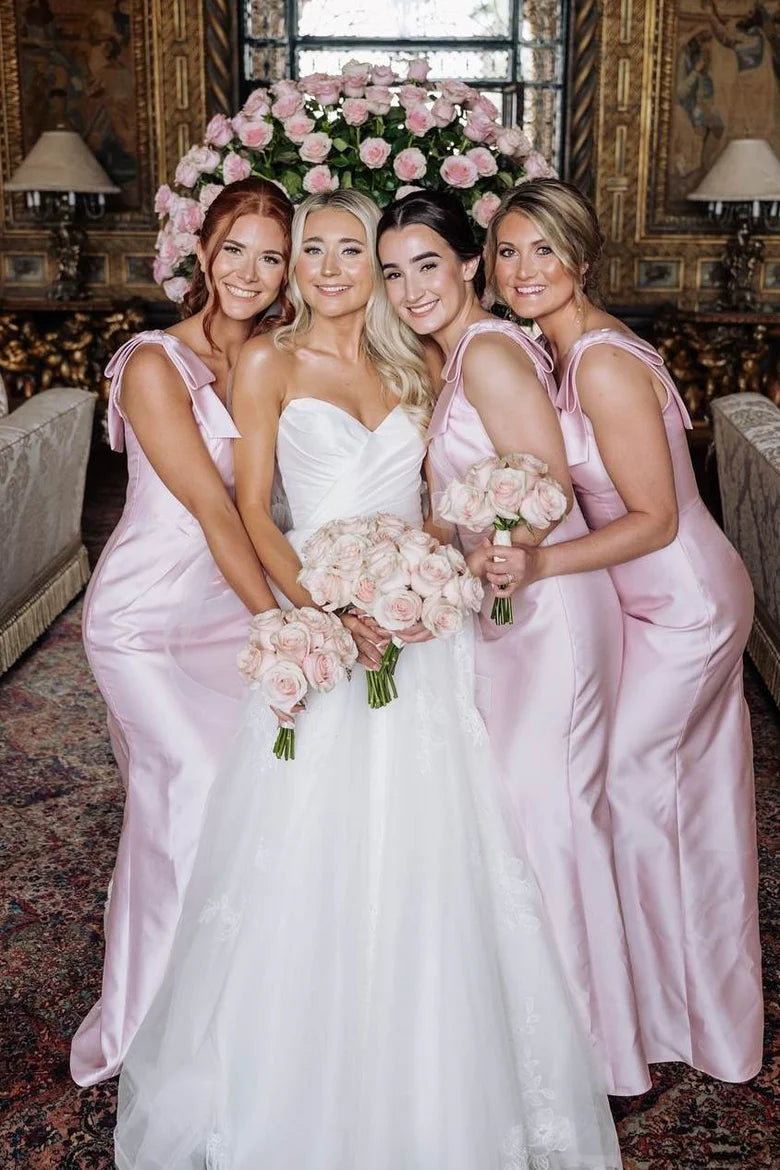 Elegant Sheath Square Neck Pink Satin Bridesmaid Dresses with Bow VK24112506