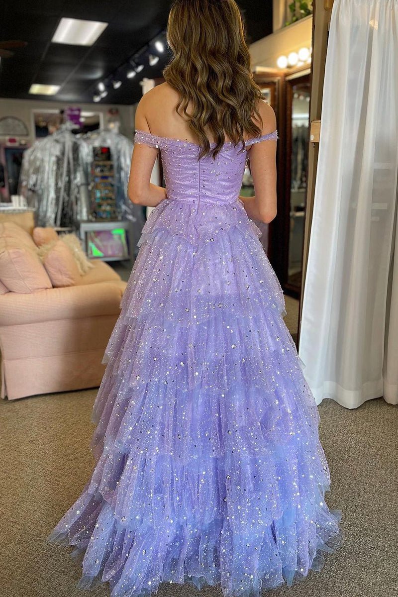 Acadia | Vestido de fiesta largo de tul con volantes y hombros descubiertos en forma de A