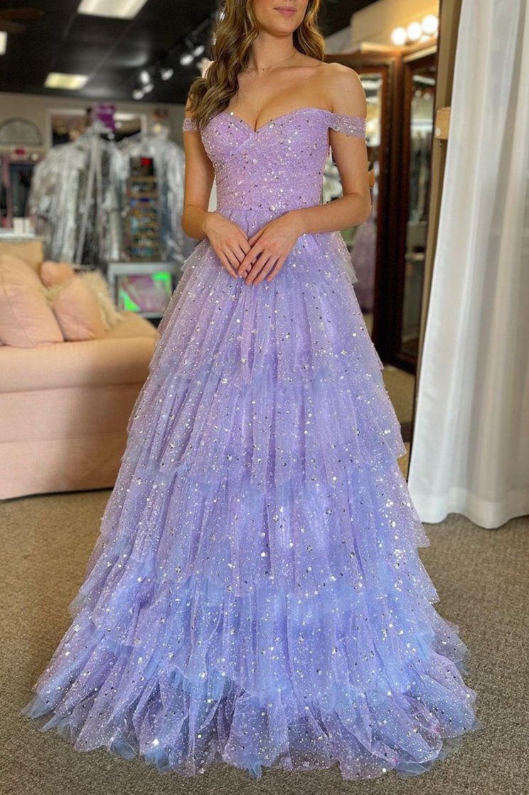Acadia | Vestido de fiesta largo de tul con volantes y hombros descubiertos en forma de A