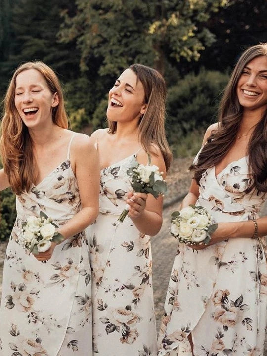 Charming Chiffon V-neck Floral Printed Bridesmaid Dresses With Slit VK0321006