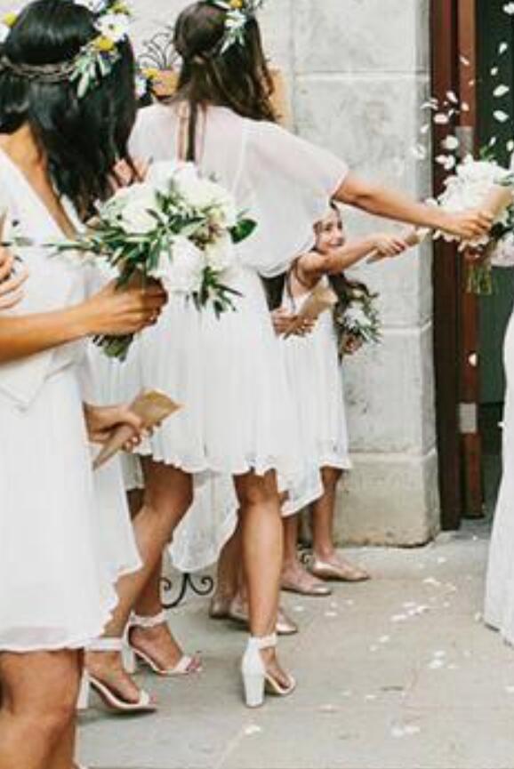 A-Line V-Neck Half Sleeves Above-Knee Ivory Bridesmaid Dress with Pleats VK0101025