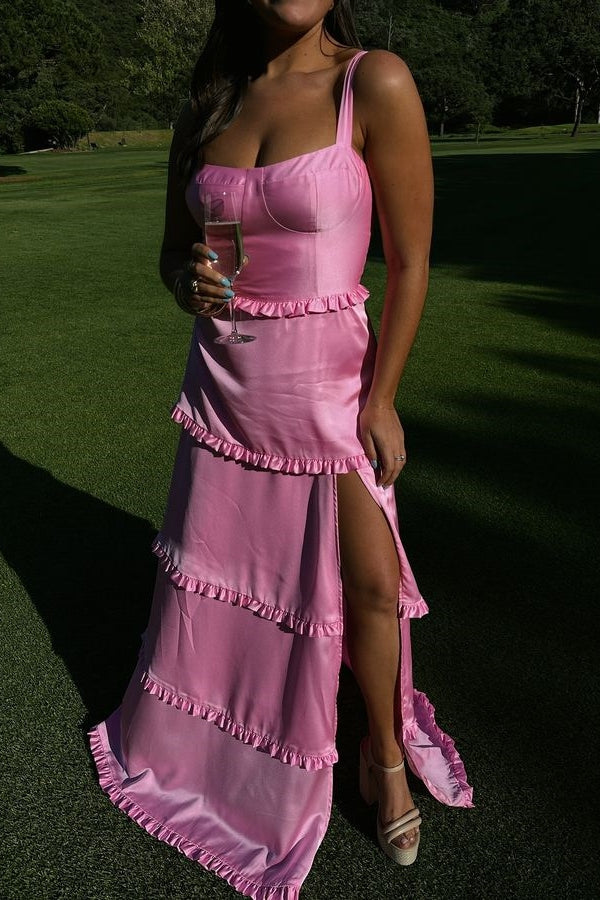 Chic Hot Pink Ruffles Slit Long Dress with Lace-up Back