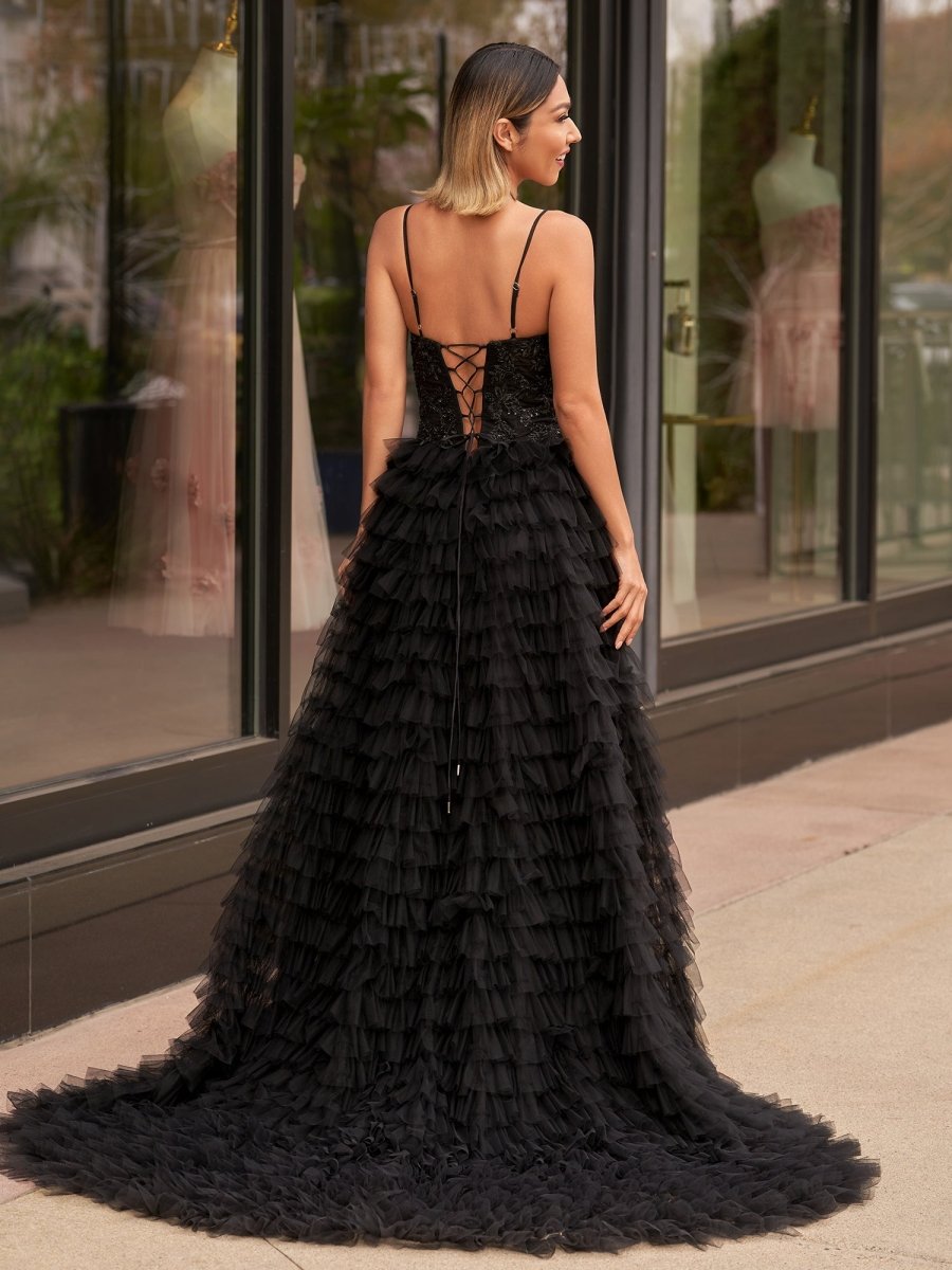 Jordan | Vestido de fiesta largo de tul con lentejuelas y corte en A