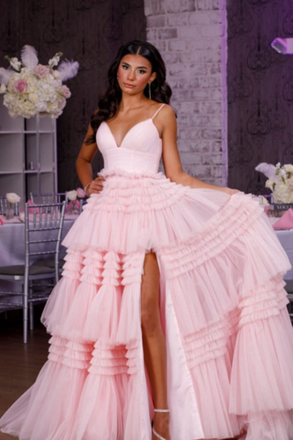 V-neck Pink Tulle Tiered Long Formal Dress