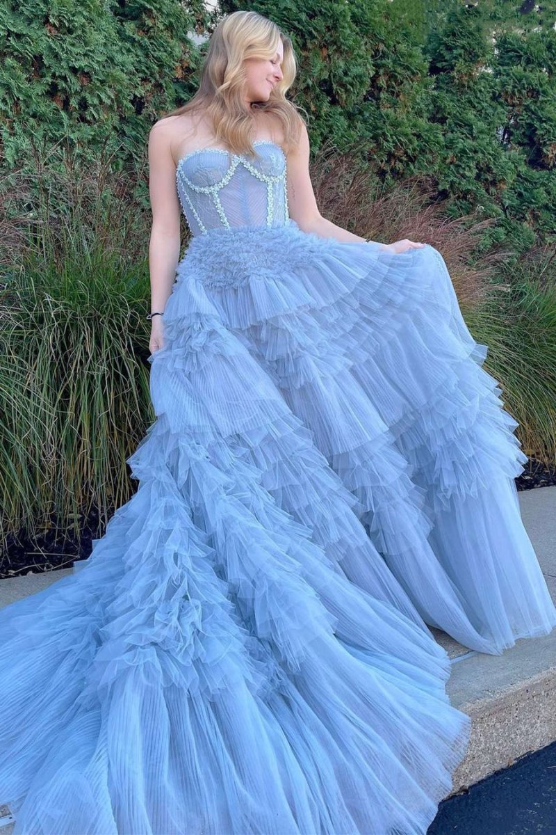 Jazlyn | Vestido de fiesta de tul con capas, sin tirantes y corte princesa