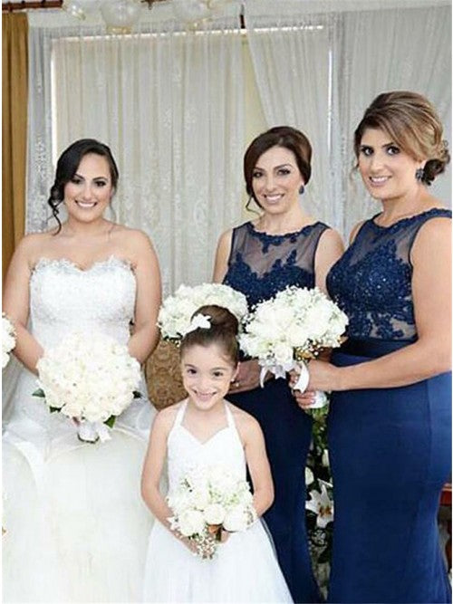Mermaid Round Neck Navy Blue Bridesmaid Dress with Appliques Beading VK0101022