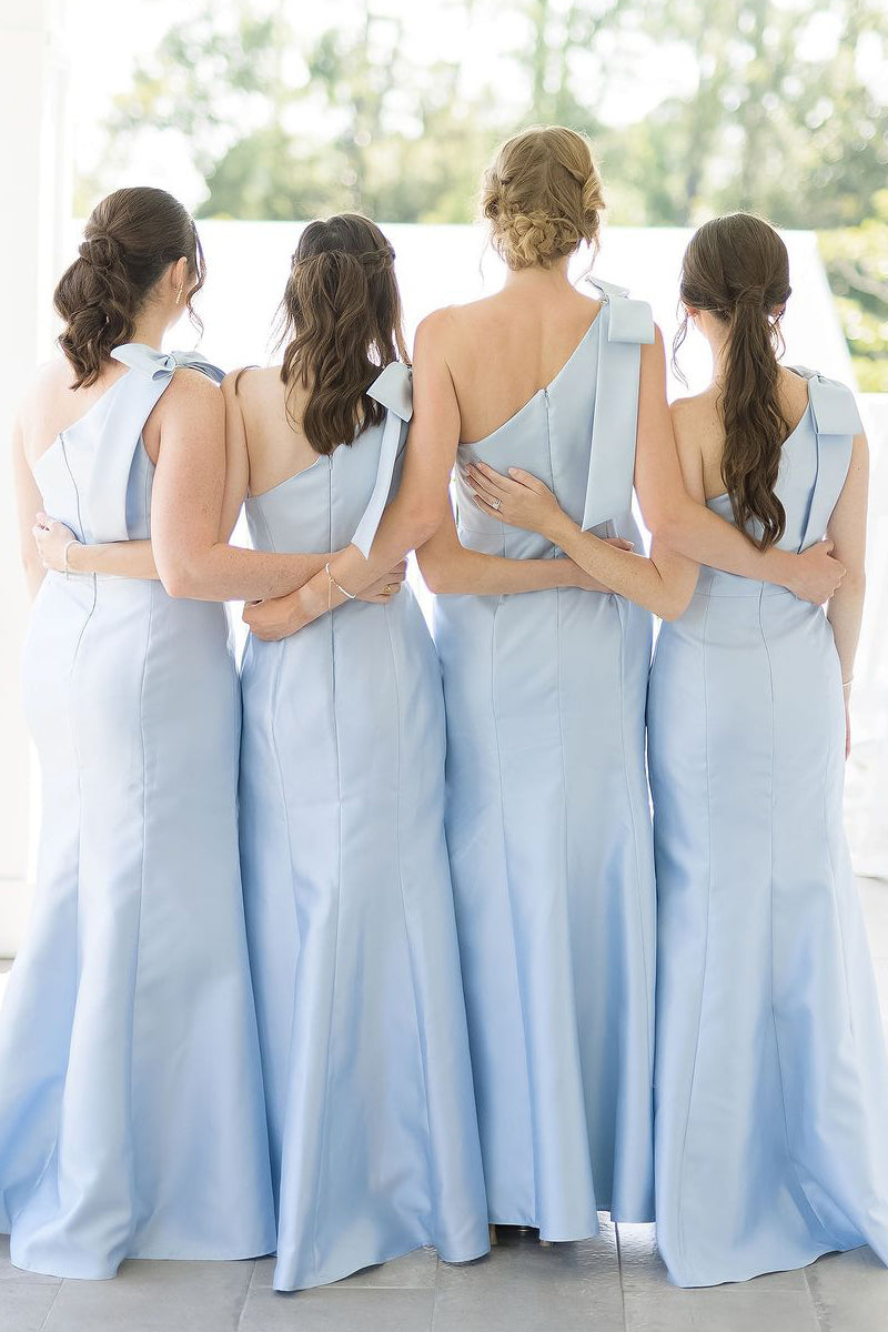 Elegant One Shoulder Mermaid Light Blue Satin Long Bridesmaid Dresses VK24053101