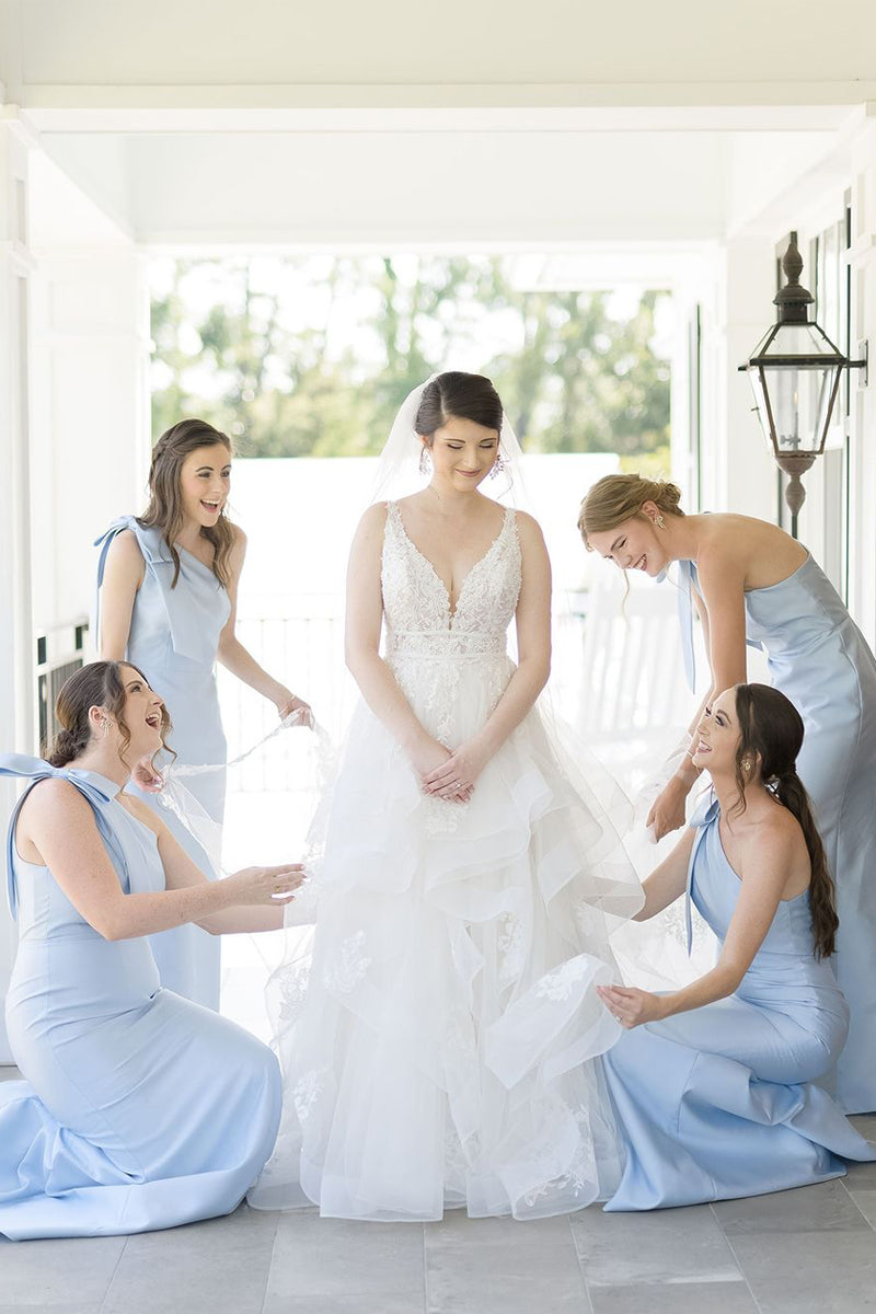 Elegant One Shoulder Mermaid Light Blue Satin Long Bridesmaid Dresses VK24053101