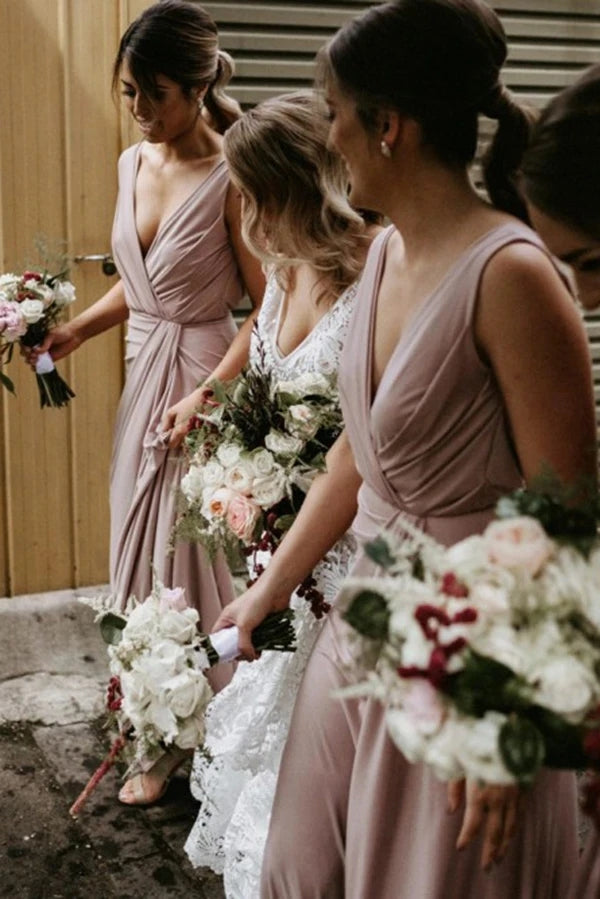 Chic V Neck Sleeveless Long Bridesmaid Dresses, Simple Floor Length Bridesmaid Dress VK0509003