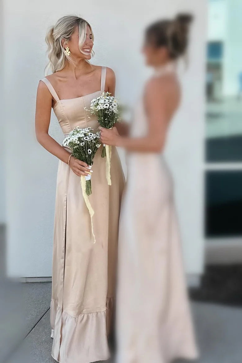 Fashion Sheath Straps Satin Tea Length Bridesmaid Dresses with Slit VK24111205