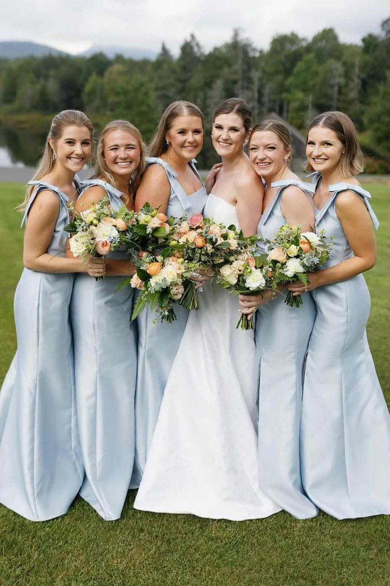 Fairy Sheath Square Neck Light Blue Satin Bridesmaid Dresses with Bow Straps VK24112505