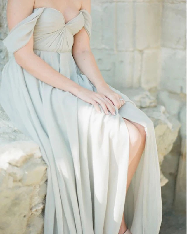 Simple A-Line Off the Shoulder Chiffon Long Bridesmaid Dresses with Split VK0123009
