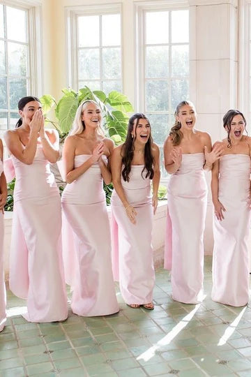Elegant Sheath Square Neck Pink Satin Bridesmaid Dresses with Bow VK24112506