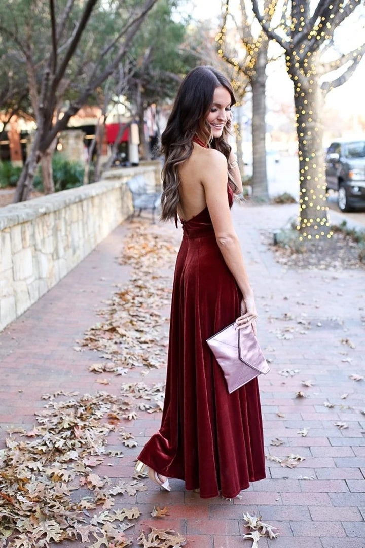 Elegant A-Line Halter Backless Burgundy Velvet Long Bridesmaid Dresses Prom Gown VK0610001