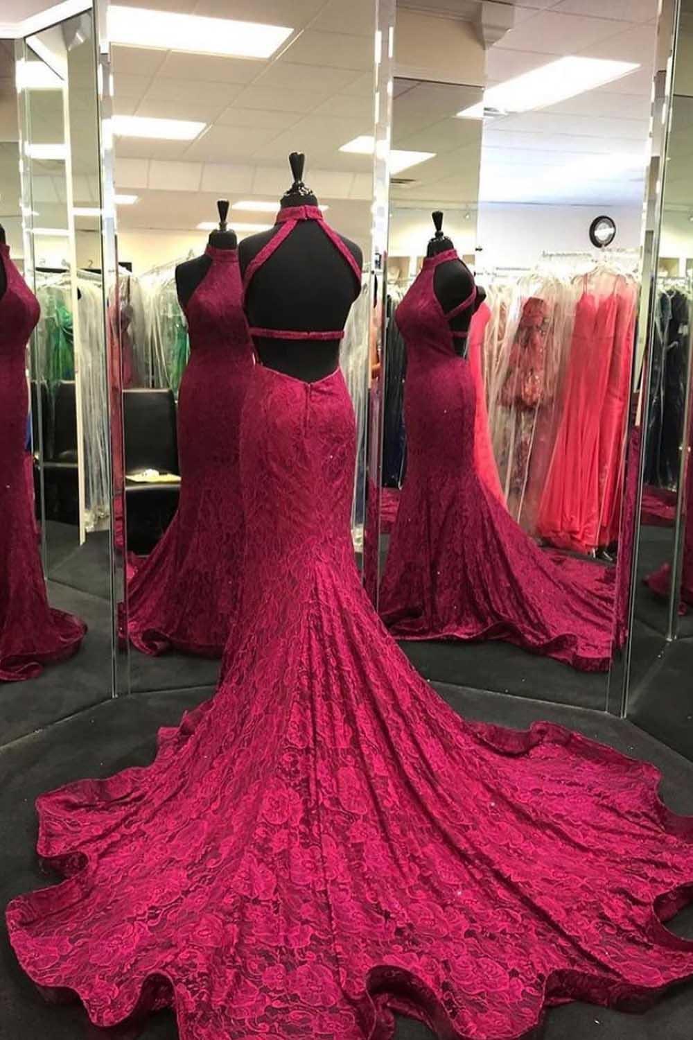 Elegant Mermaid Halter Neck Burgundy Prom Dress Evening Dress PSK218