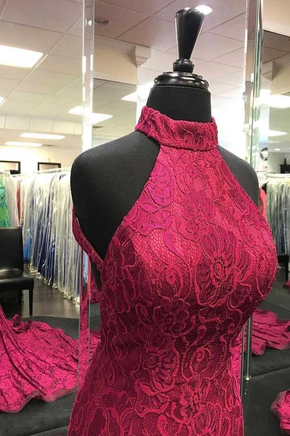 Elegant Mermaid Halter Neck Burgundy Prom Dress Evening Dress PSK218