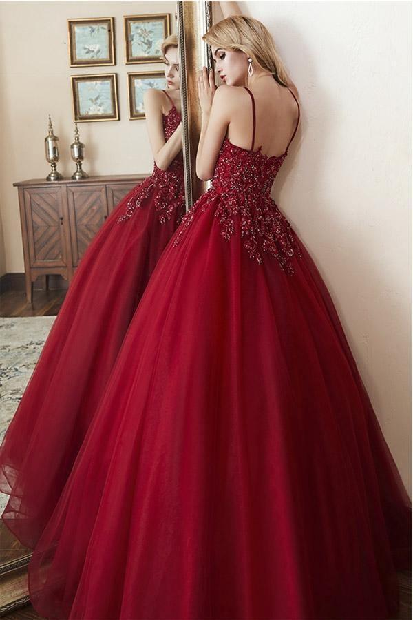 Elegant Straps Ball Gown Beaded Burgundy Long Prom Dress PSK180