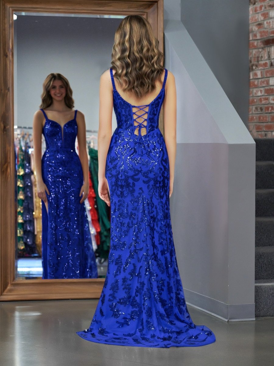 Erryn | Vestido de fiesta largo con lentejuelas y abertura en azul brillante
