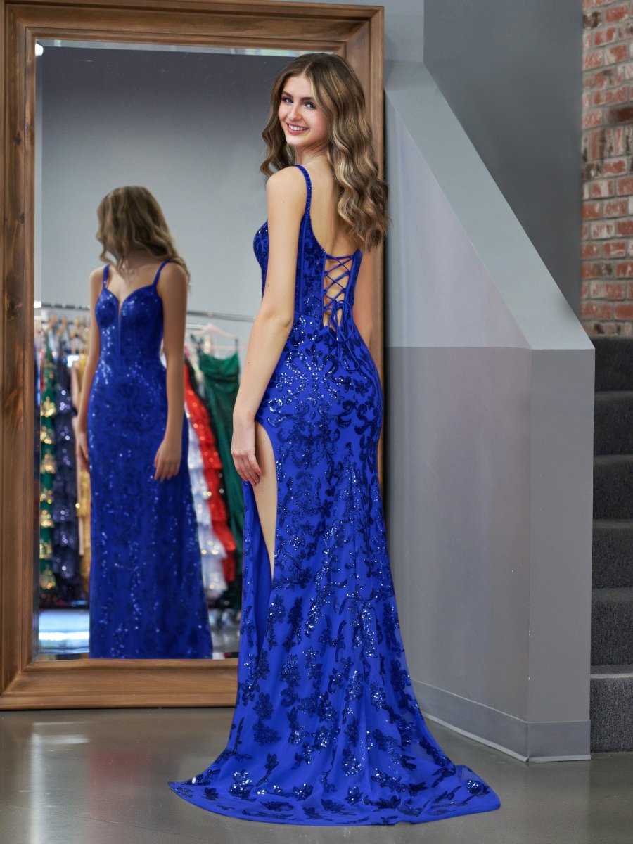 Erryn | Vestido de fiesta largo con lentejuelas y abertura en azul brillante