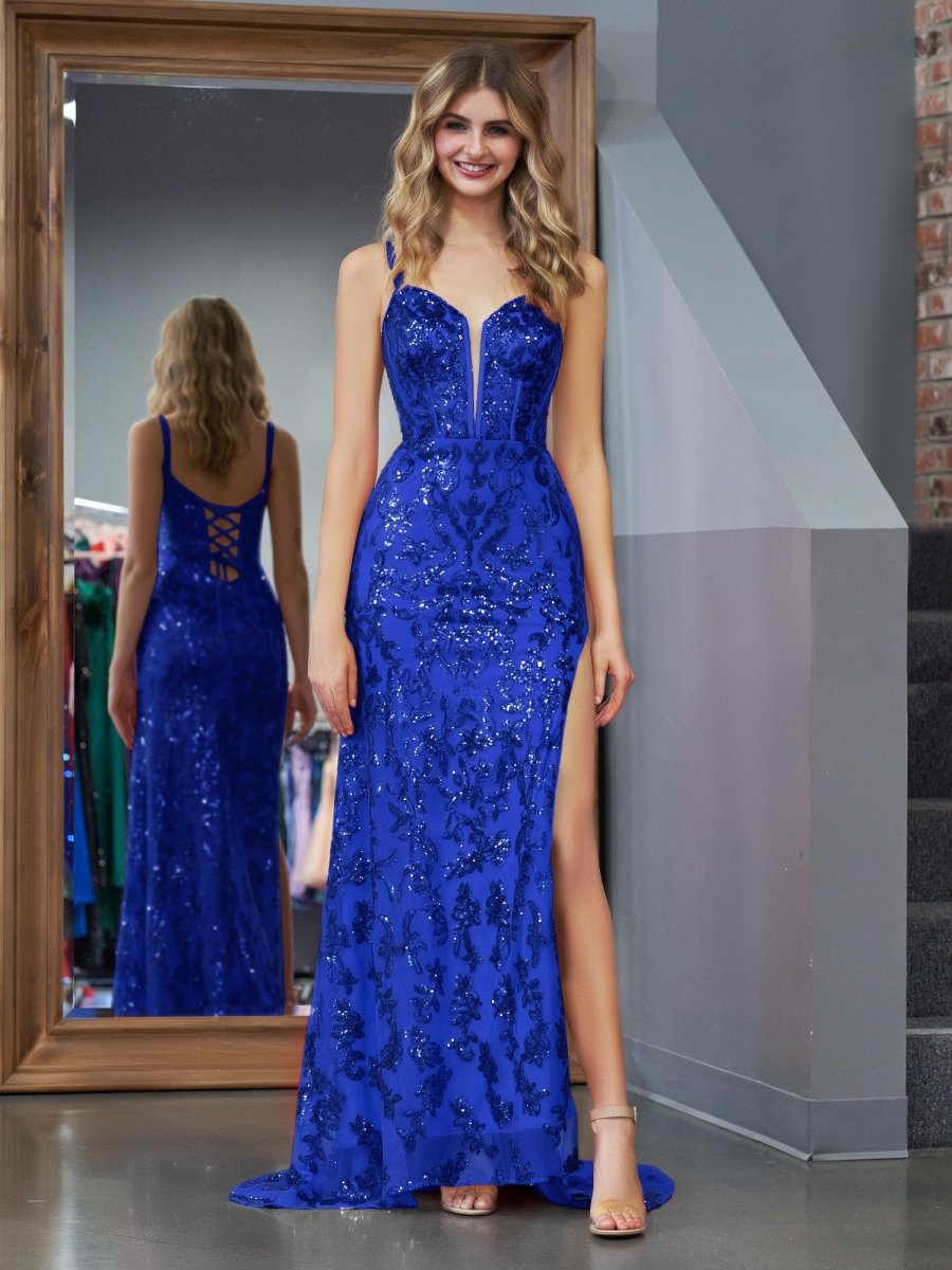 Erryn | Vestido de fiesta largo con lentejuelas y abertura en azul brillante