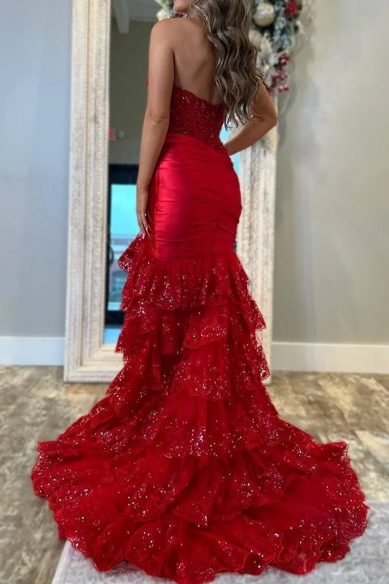 Evaluna | Vestido de fiesta largo con capas, plisado, escote en V y corte sirena en rojo sin tirantes y abertura