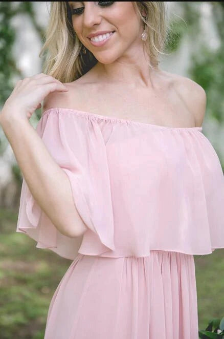 Off-the-shoulder Pastel Pink Ruffles Long Chiffon Bridesmaid Gowns,Floor-length Prom Dresses VK0116039