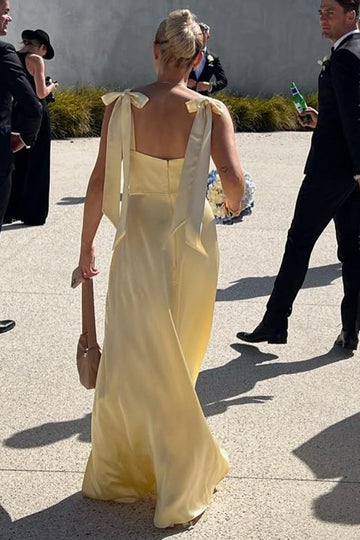 Cute Sheath Straps Yellow Satin Long Bridesmaid Dresses with Slit VK24111201
