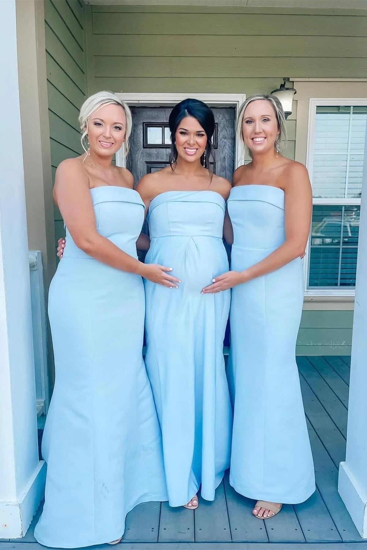Simple Sheath Strapless Light Blue Satin Bridesmaid Dress VK24122401