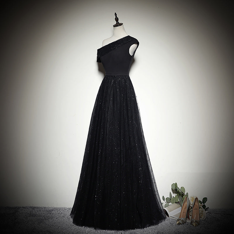 Vestido de noche negro nuevo con lentejuelas y un hombro descubierto, vestido de fiesta fg147