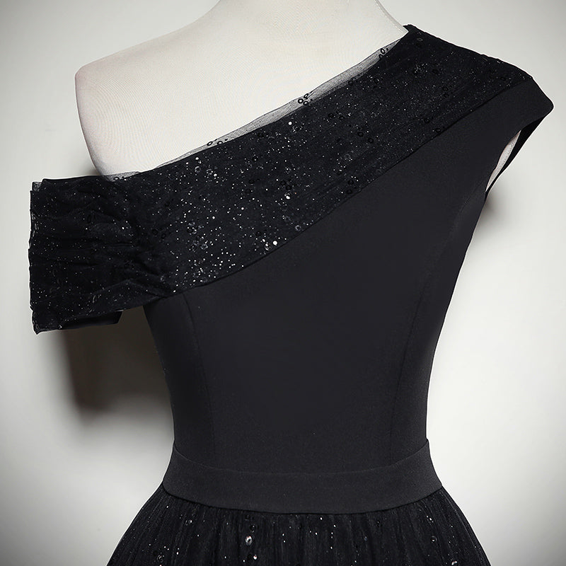 Vestido de noche negro nuevo con lentejuelas y un hombro descubierto, vestido de fiesta fg147
