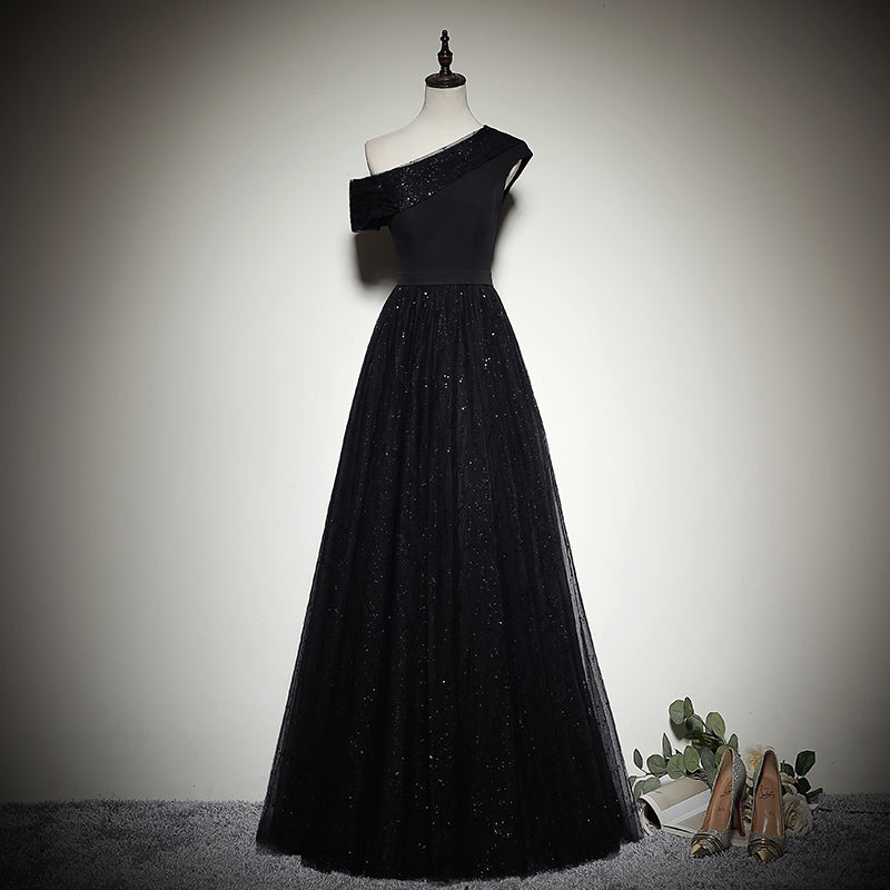Vestido de noche negro nuevo con lentejuelas y un hombro descubierto, vestido de fiesta fg147