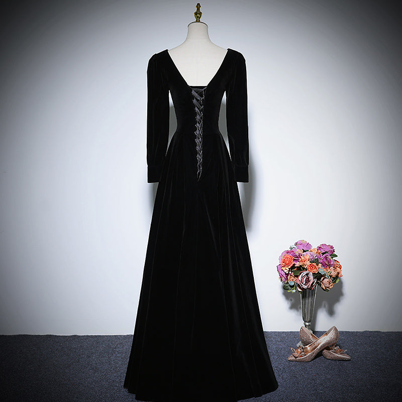 Vestido de noche de terciopelo negro, vestido de fiesta de manga larga, vestido de fiesta fg156