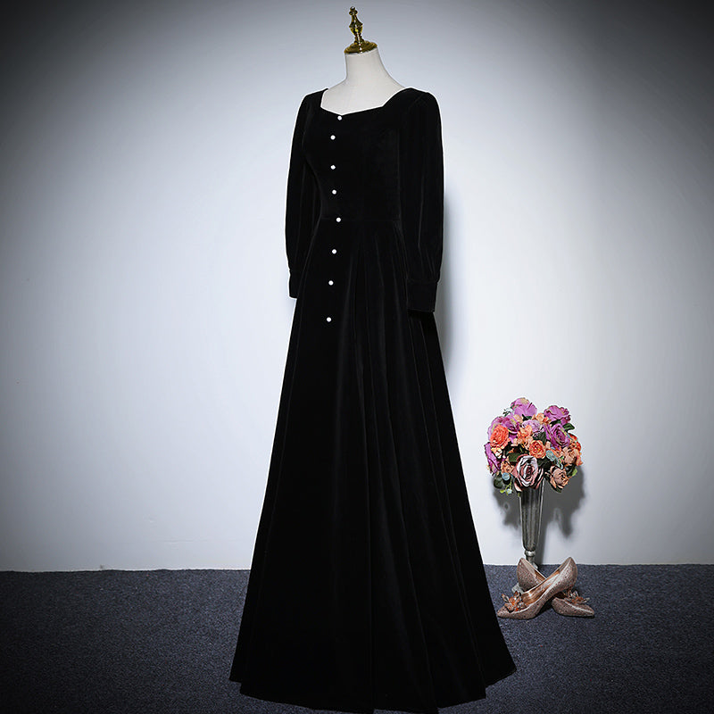 Vestido de noche de terciopelo negro, vestido de fiesta de manga larga, vestido de fiesta fg156