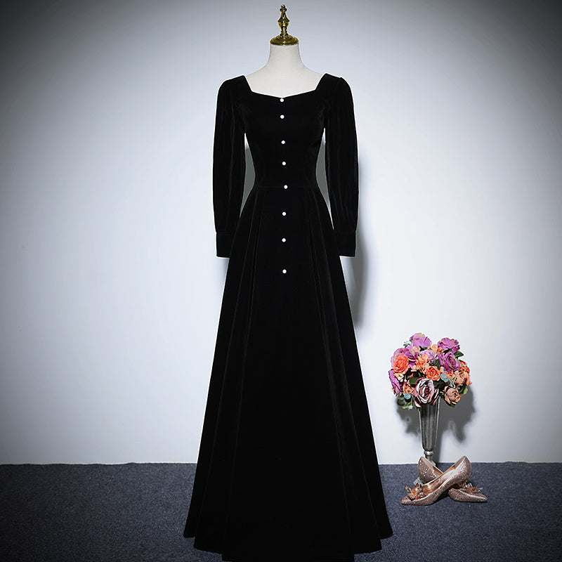 Vestido de noche de terciopelo negro, vestido de fiesta de manga larga, vestido de fiesta fg156