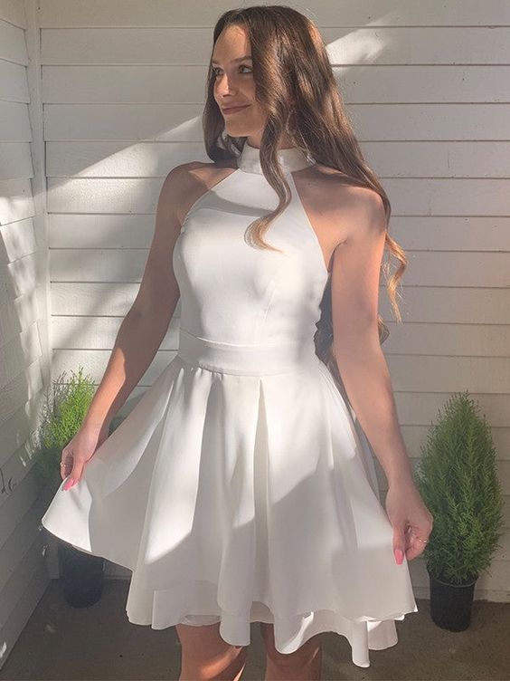 Vestidos de fiesta cortos/mini de satén, corte princesa, con volantes, escote halter, sin mangas, fg20