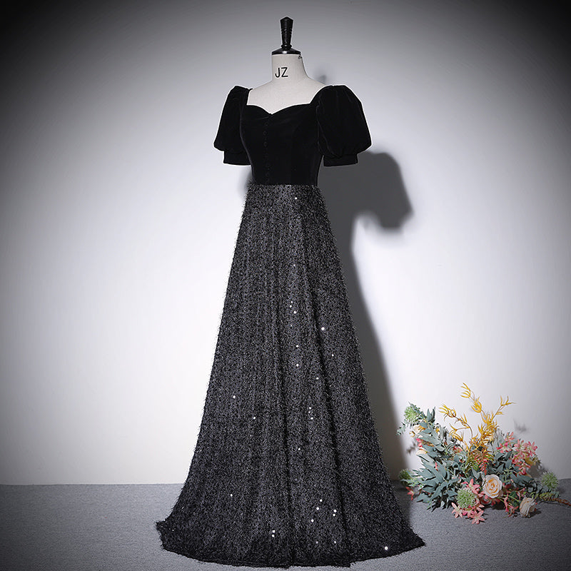 Vestido de noche negro de corte A, nuevo vestido de fiesta de graduación, vestidos de fiesta fg214