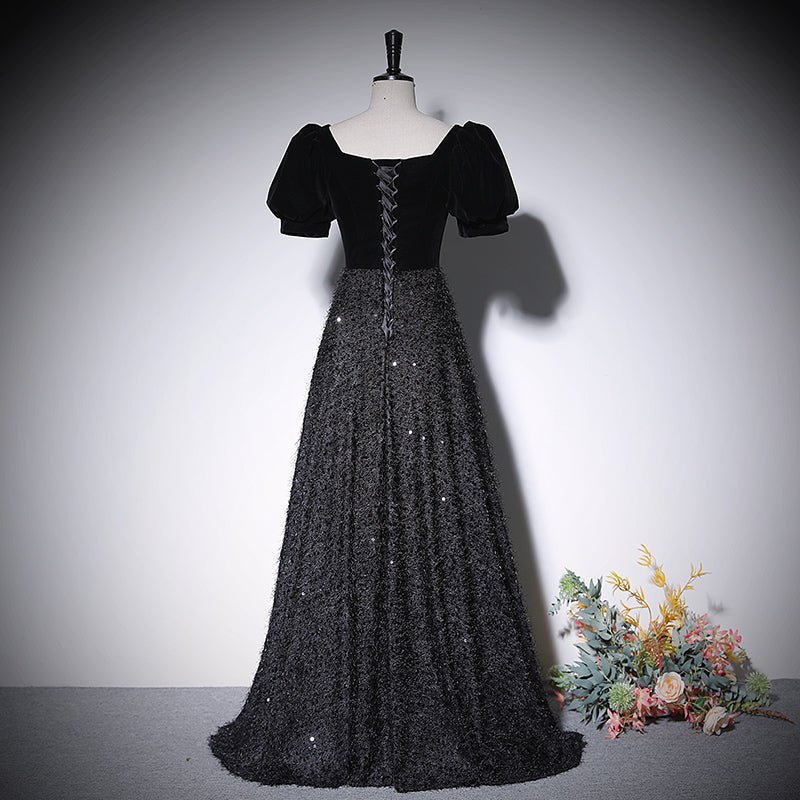 Vestido de noche negro de corte A, nuevo vestido de fiesta de graduación, vestidos de fiesta fg214