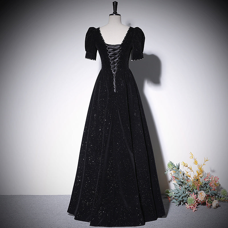 Vestido de noche negro de corte A, nuevo vestido de fiesta de graduación, vestidos de fiesta fg215
