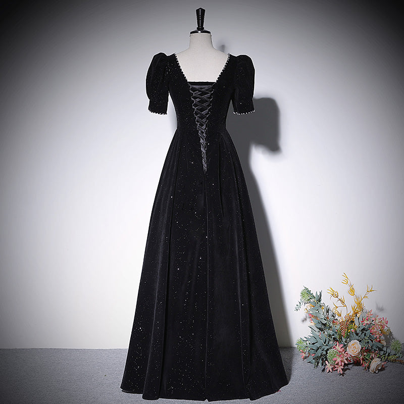 Vestido de noche negro de corte A, nuevo vestido de fiesta de graduación, vestidos de fiesta fg222