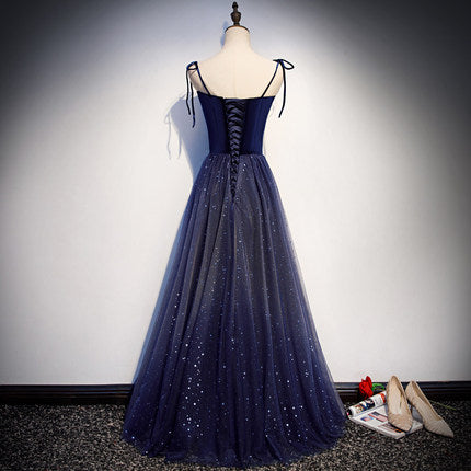 Vestido de fiesta sencillo de corte A, vestido de noche de tul azul marino, vestido de dama de honor fg228