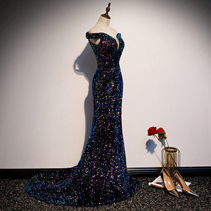 Vestidos de fiesta de sirena sencillos Vestido de noche de lentejuelas azul marino fg230