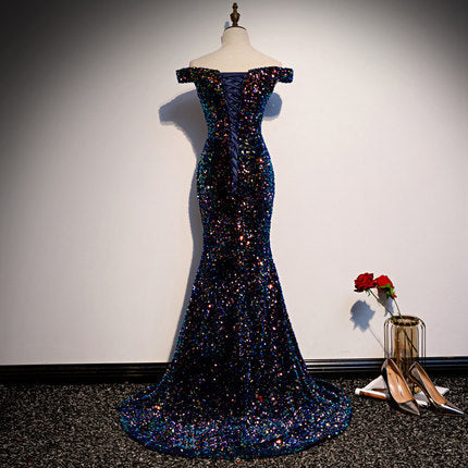 Vestidos de fiesta de sirena sencillos Vestido de noche de lentejuelas azul marino fg230