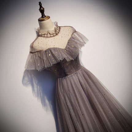 Vestido de fiesta sencillo de corte A con tul y escote en V fg231