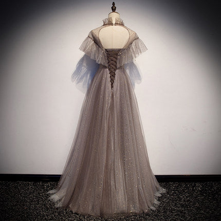 Vestido de fiesta sencillo de corte A con tul y escote en V fg231